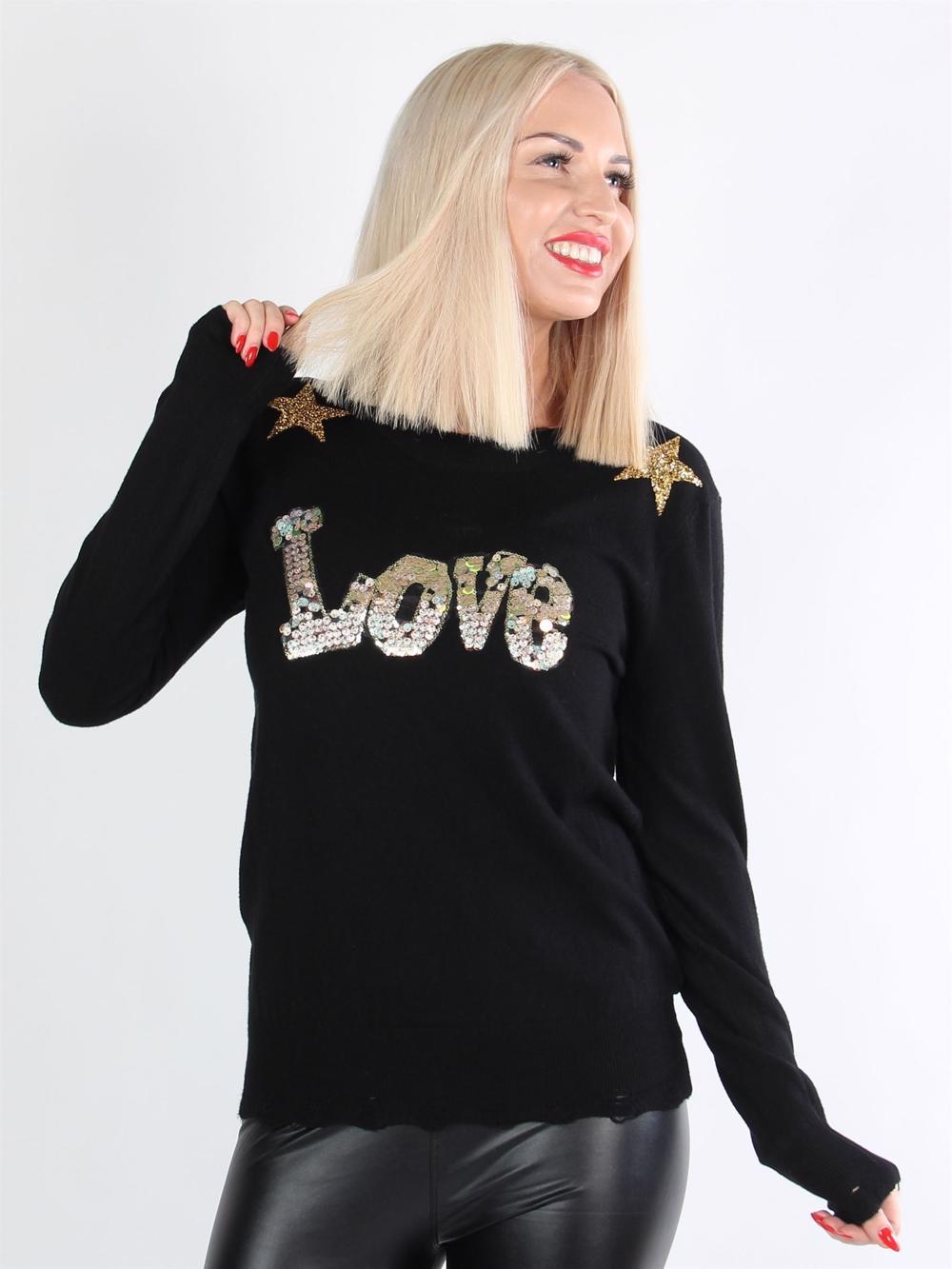 Kelvina - Beige blus med text och stjärnor av paljetter och stenimitationer